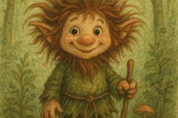 Waldwichtel Wirrwusel Kl Ein kleiner Waldwichtel mit freundlichem Gesicht, wirr abstehenden Haaren, grüner Kleidung und einer grünen Zipfelmütze steht vor einem grünen Wald-Hintergrund