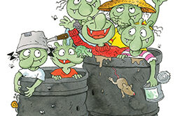 Olchifamilie Die Olchifamilie steckt in zwei großen grauen Blechtonnen