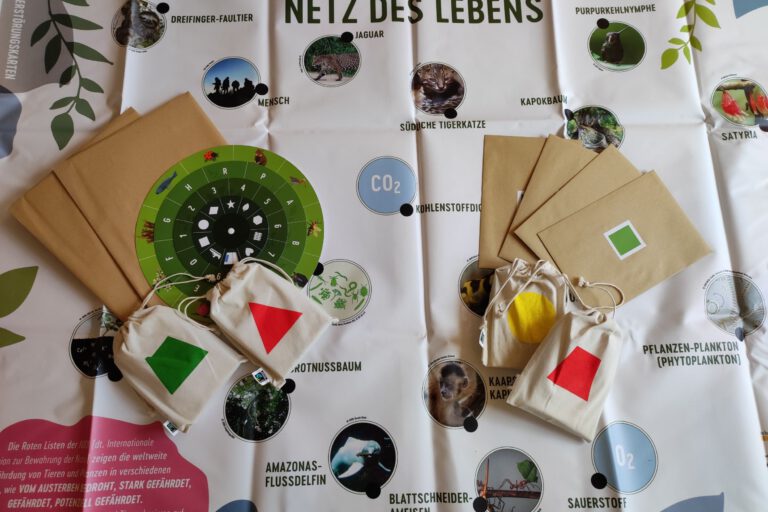 Next Exit Biodiversity Spielmaterialien des Exit Games liegen ausgebreitet auf einem Tisch