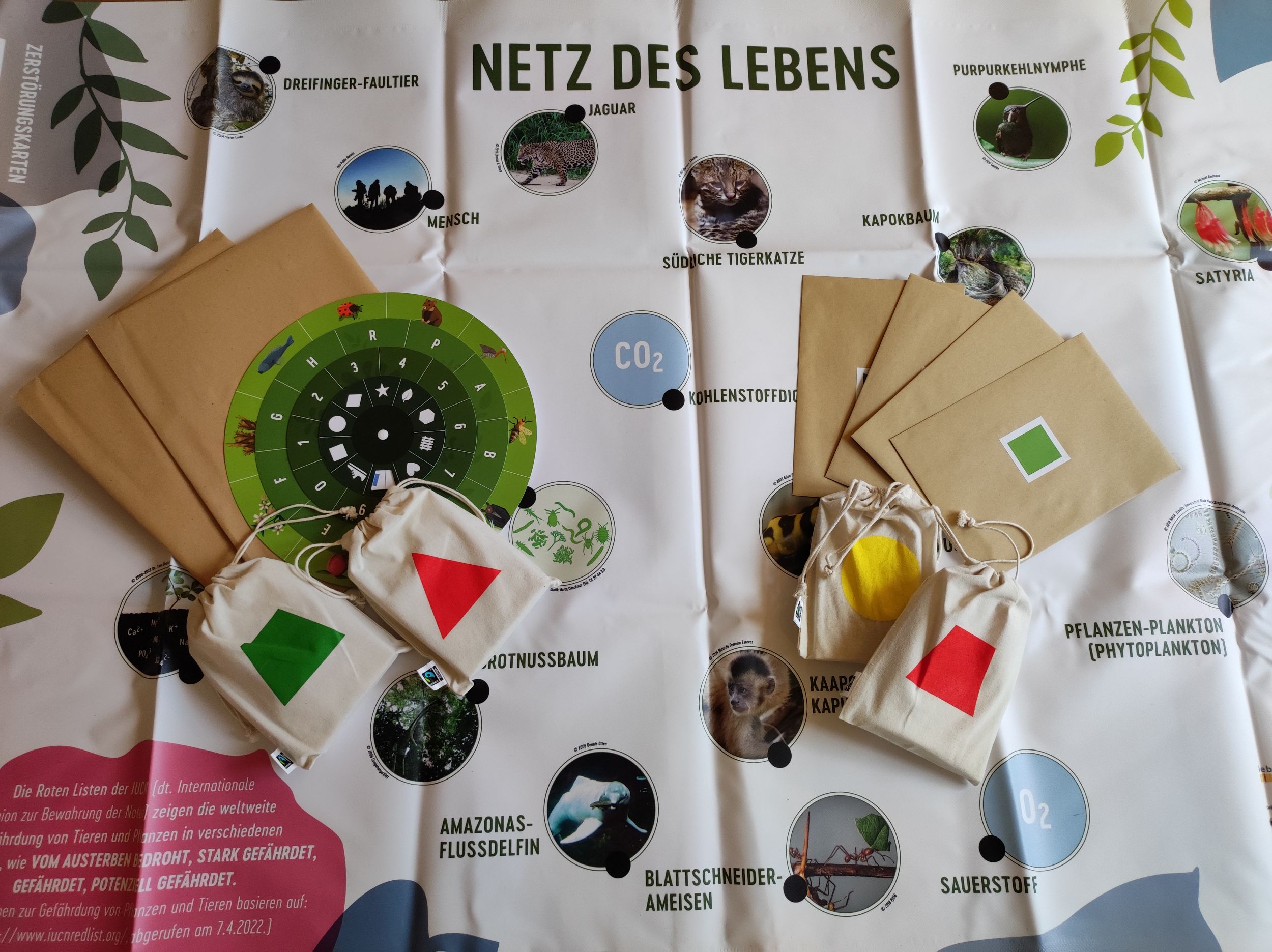 Next Exit Biodiversity Spielmaterialien des Exit Games liegen ausgebreitet auf einem Tisch
