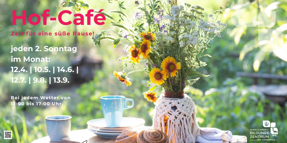 Bistrotisch im Grünen, mit einer Vase voll Sonnenblumen und Gräsern, auf einem Teller liegen Zimtschnecken und eine Tasse mit Untertasse stehen auf dem Tisch